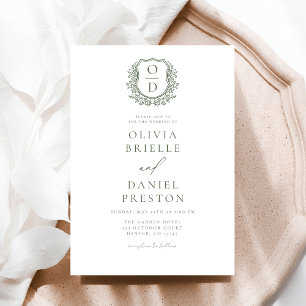 Invitation Sage Green Élégante Cimier Floral Mariage Monogram
