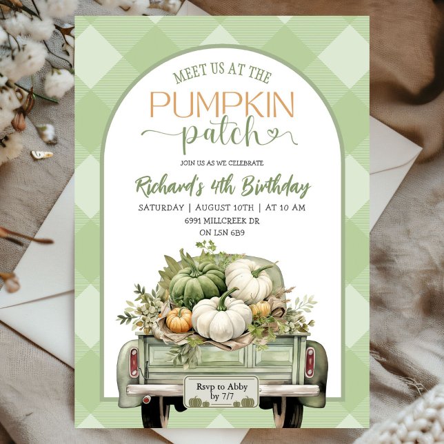 Invitation Sage Green En vichy Automne Citrouille Patch Anniv (Créateur téléchargé)