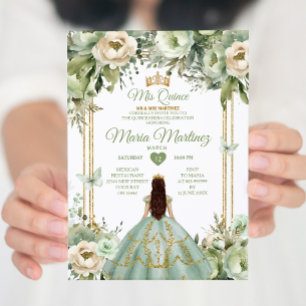 Invitation Sage Green et ivoire Floral Princesse Quinceañera