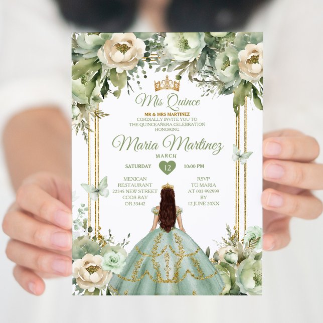 Invitation Sage Green et ivoire Floral Princesse Quinceañera (Créateur téléchargé)