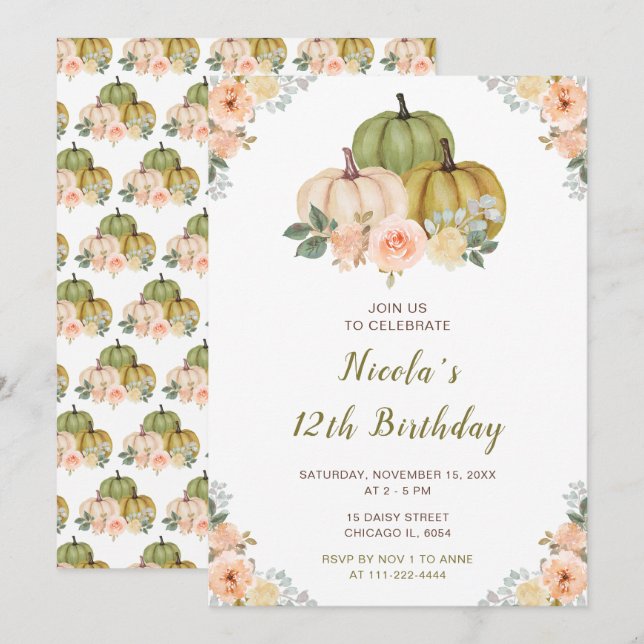 Invitation Sage Green et Peach Floral Citrouille Anniversaire (Devant / Derrière)