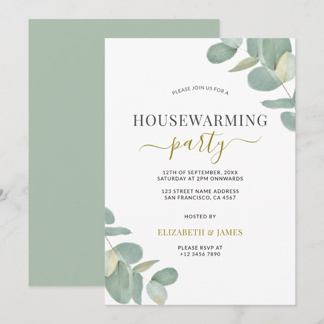 Invitation Sage Green Eucalyptus Fête de réchauffement domest (Devant / Derrière)