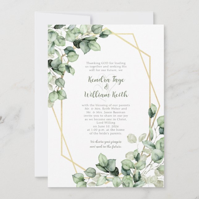 Invitation Sage Green Eucalyptus Gold Geometric Wedding (Devant)