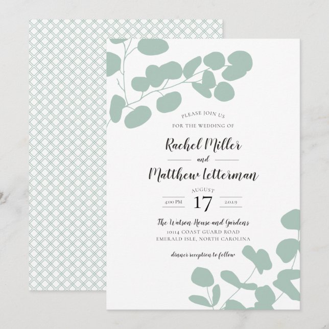 Invitation Sage Green Eucalyptus Mariage de verdure (Devant / Derrière)