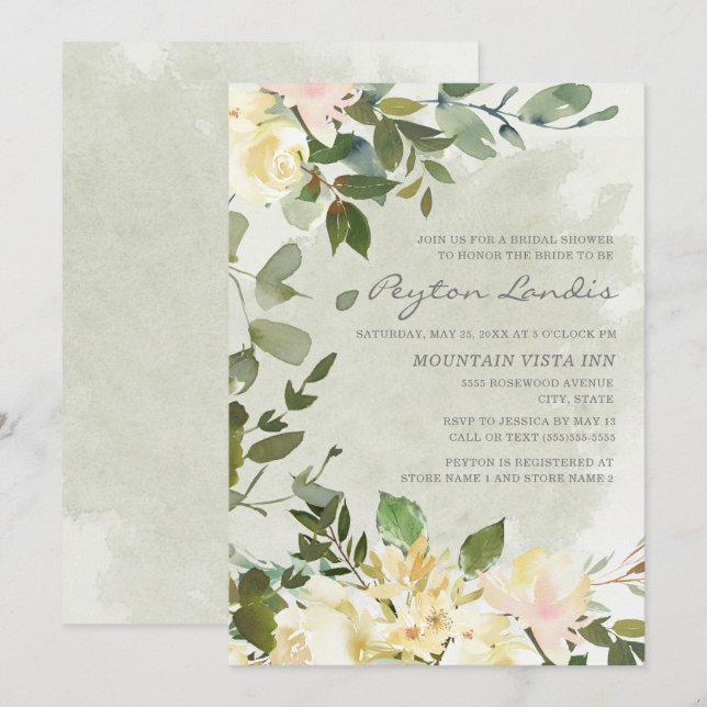 Invitation Sage Green Eucalyptus White Floral Fête des mariée (Devant / Derrière)