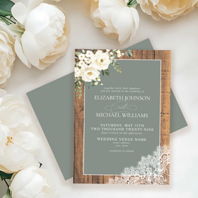 Invitation Sage Green Eucalyptus Wood Lace Script Mariage Inv (Créateur téléchargé)
