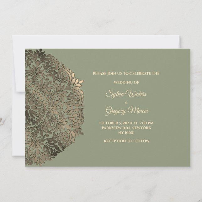 Invitation Sage Green Faux Gold Ethnic Classic Mariage (Devant)
