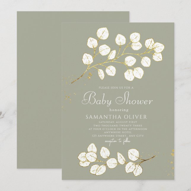 Invitation Sage Green Faux Gold Green Eucalyptus (Devant / Derrière)