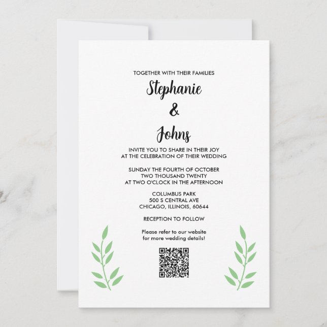 Invitation Sage Green Feuille QR Code Black Script Mariage (Devant)