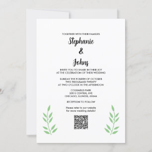 Invitation Sage Green Feuille QR Code Black Script Mariage