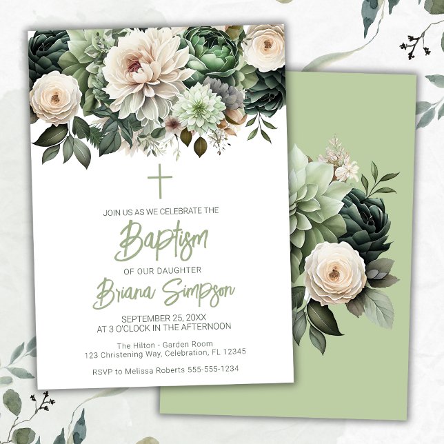 Invitation Sage Green Floral Baptême (Créateur téléchargé)