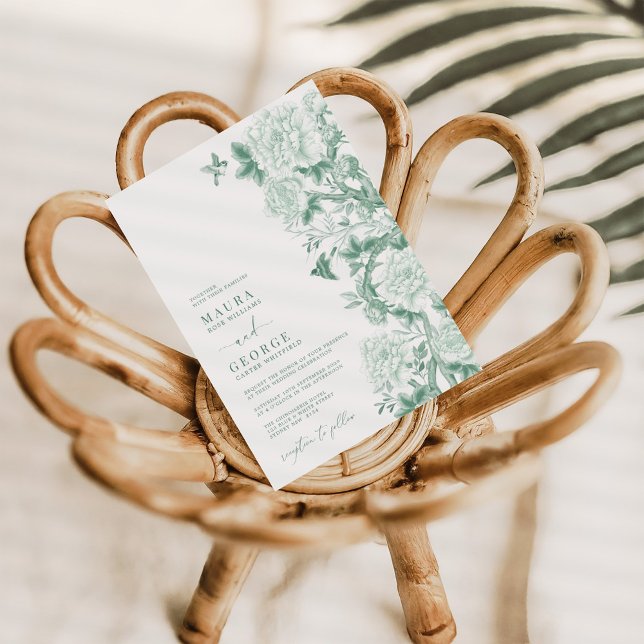 Invitation Sage Green Floral Birds Chinoiserie Jardin Mariage (Créateur téléchargé)