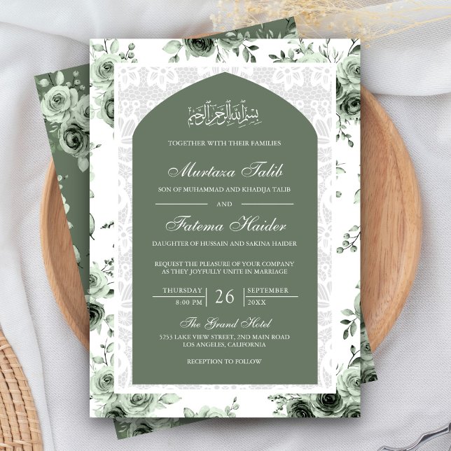 Invitation Sage Green Floral Blanc dentelle Arc Mariage musul (Créateur téléchargé)