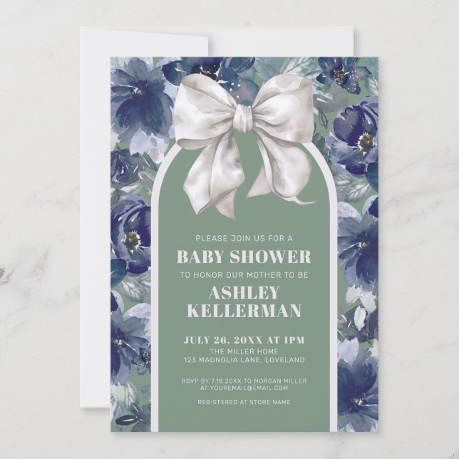 Invitation Sage Green Floral Bow Baby Shower (Devant)
