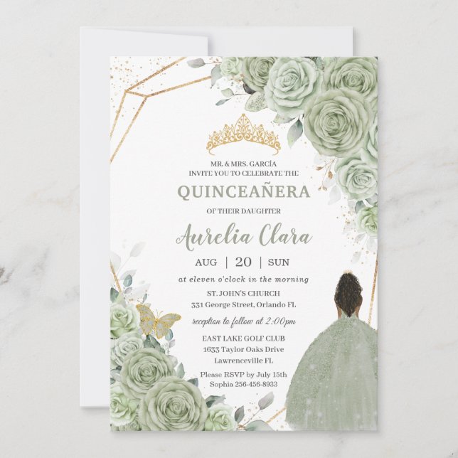 Invitation Sage Green Floral Brown Princesse Or Quinceañera (Devant)