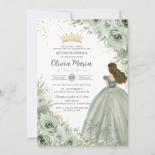 Invitation Sage Green Floral Brunette Princesse Quinceañera (Devant)