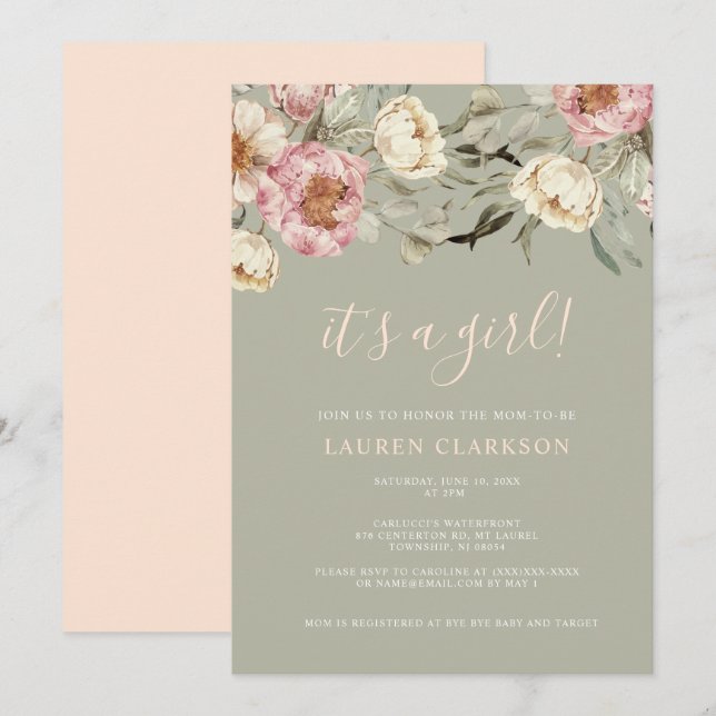 Invitation Sage Green Floral C'est un Baby shower de fille (Devant / Derrière)