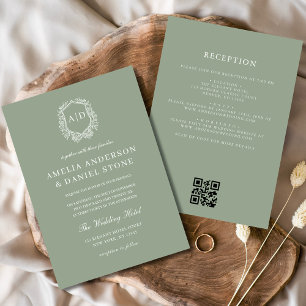 Invitation Sage Green Floral Crest Monogramme Mariage QR Code