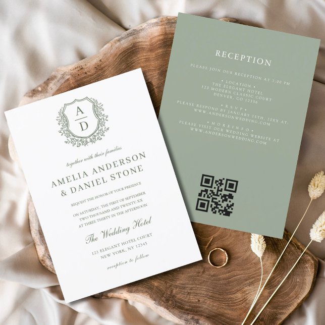 Invitation Sage Green Floral Crest Monogramme Mariage QR Code (Créateur téléchargé)