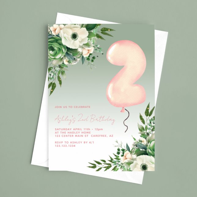 Invitation Sage Green Floral Élégant 2e anniversaire (Créateur téléchargé)