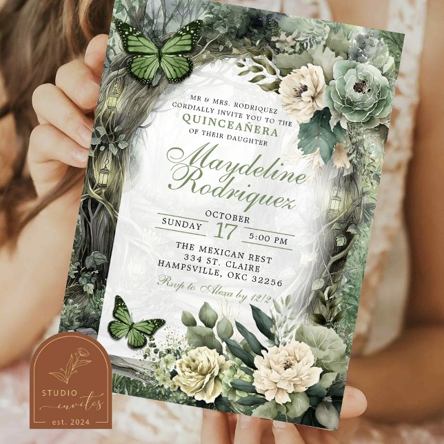 Invitation Sage Green Floral Enchanted Forest Quinceanera (Créateur téléchargé)