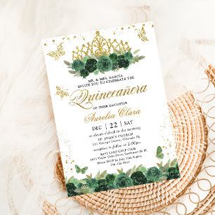 Invitation Sage Green Floral Gold Butterflies Quinceañera
