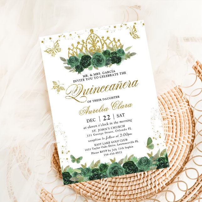Invitation Sage Green Floral Gold Butterflies Quinceañera (Créateur téléchargé)