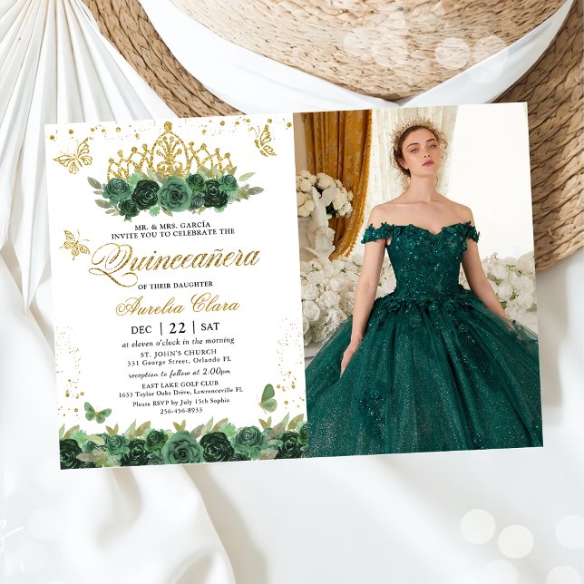 Invitation Sage Green Floral Gold Butterflies Quinceañera (Créateur téléchargé)