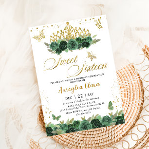 Invitation Sage Green Floral Gold Sweet sixteen 16 Anniversai