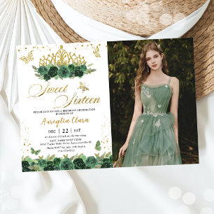 Invitation Sage Green Floral Gold Sweet sixteen 16 Anniversai