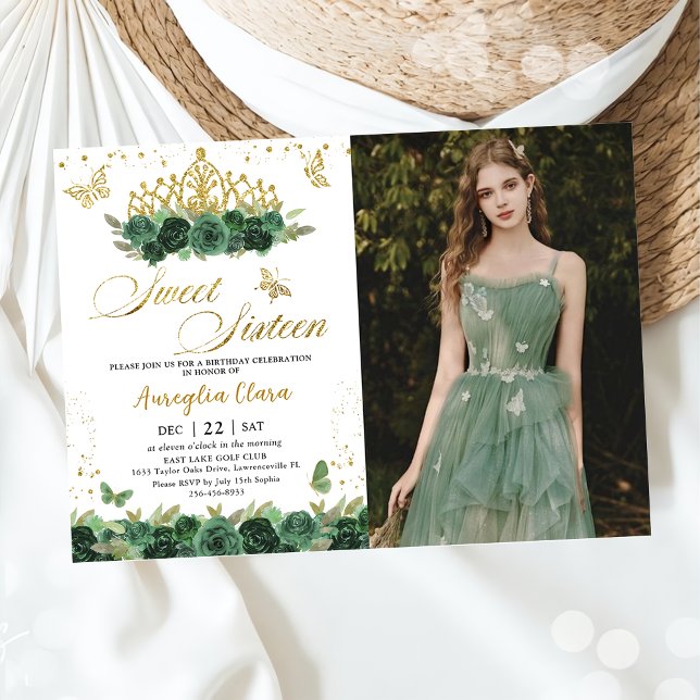 Invitation Sage Green Floral Gold Sweet sixteen 16 Anniversai (Créateur téléchargé)