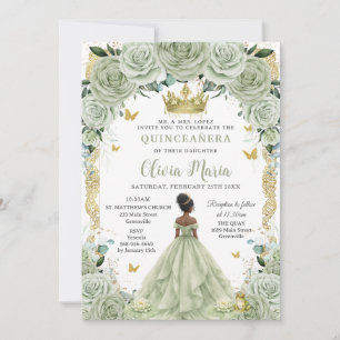 Invitation Sage Green Floral Princesse et Grenouille Quinceañ