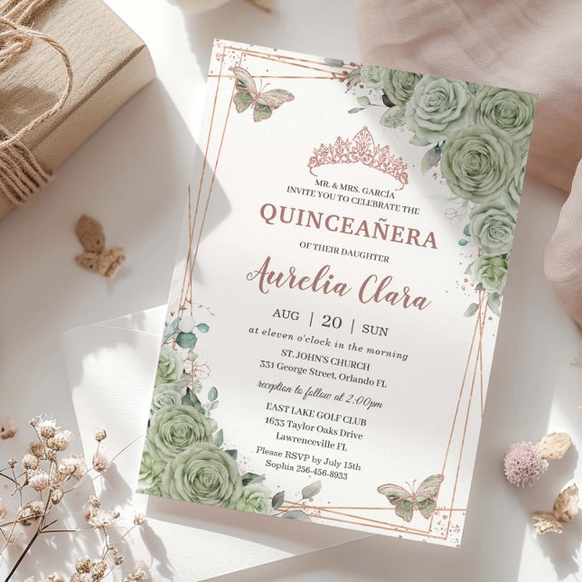 Invitation Sage Green Floral Rose Or Quinceañera Anniversaire (Créateur téléchargé)
