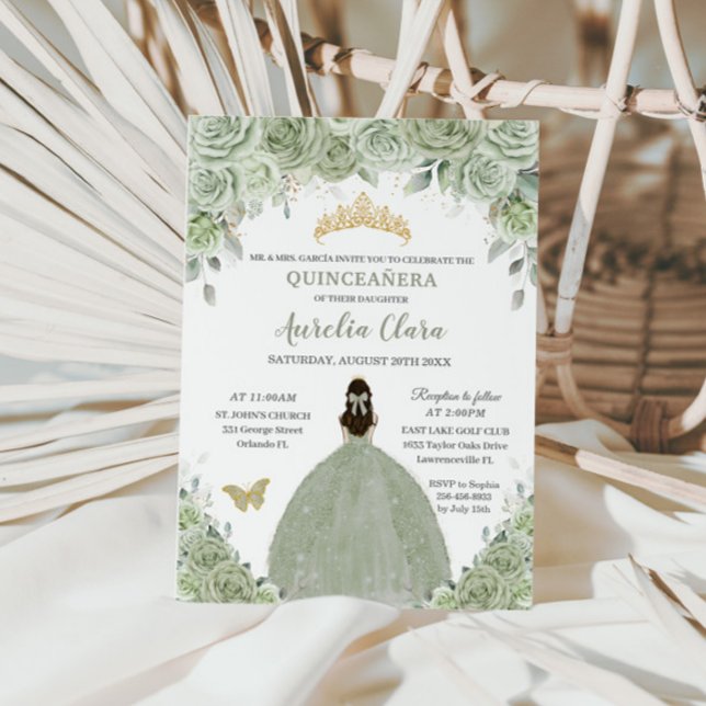 Invitation Sage Green Floral Rose Princesse Gold Quinceañera (Créateur téléchargé)