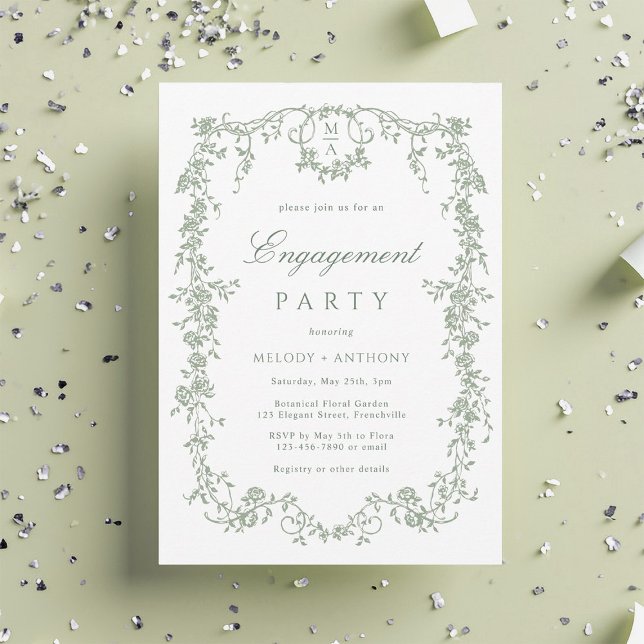Invitation Sage Green French Floral Engagement Party (Créateur téléchargé)