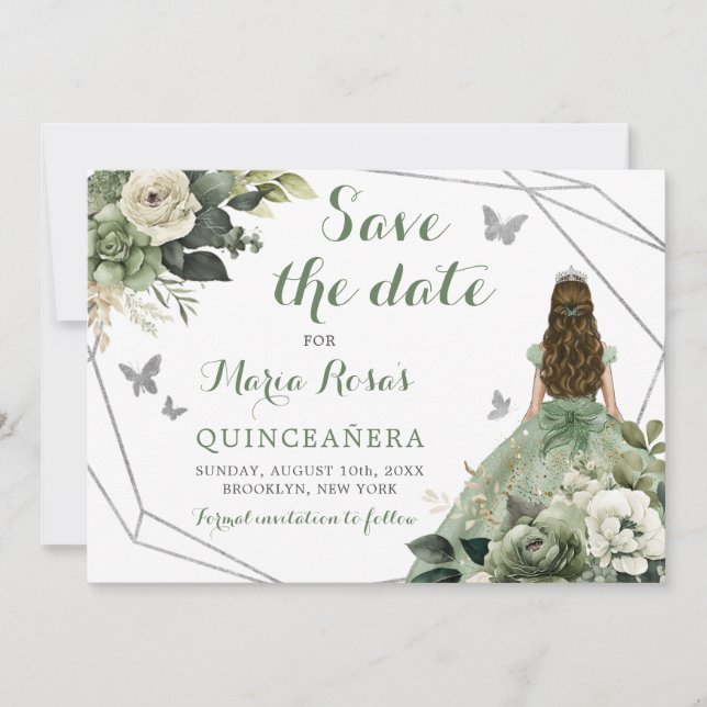 Invitation Sage Green Géométrique Princesse Quinceañera Flora (Devant)