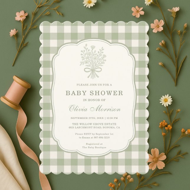 Invitation Sage Green Gingham Baby Shower (Créateur téléchargé)