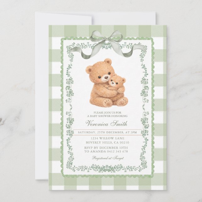 Invitation Sage Green Gingham Bear Mom & Baby  (Devant)