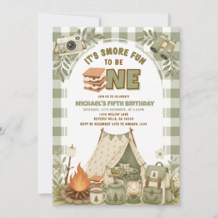 Invitation Sage Green Gingham Camp Party 1er Anniversaire