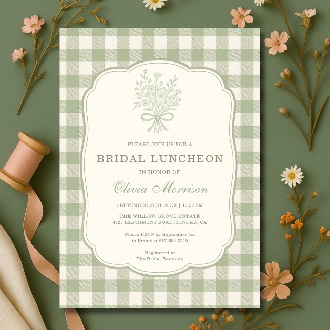 Invitation Sage Green Gingham Floral Bow Bridal Luncheon (Créateur téléchargé)