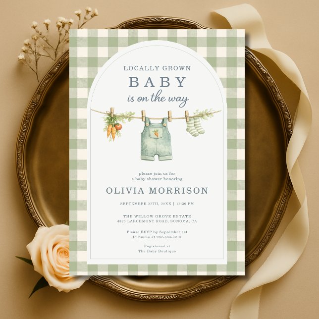 Invitation Sage Green Gingham Locally Grown Baby Shower (Créateur téléchargé)