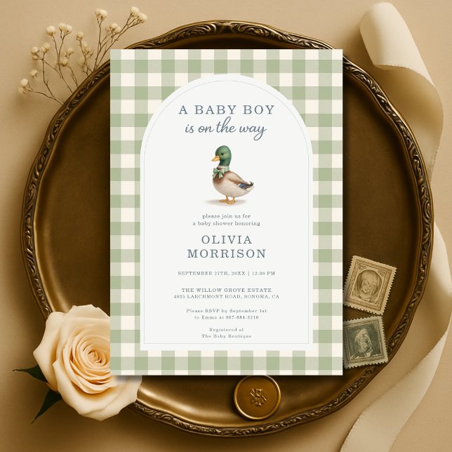 Invitation Sage Green Gingham Mallard Duck Bow Baby Shower (Créateur téléchargé)