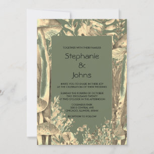 Invitation Sage Green Gold Artistique Champignons Mariage de