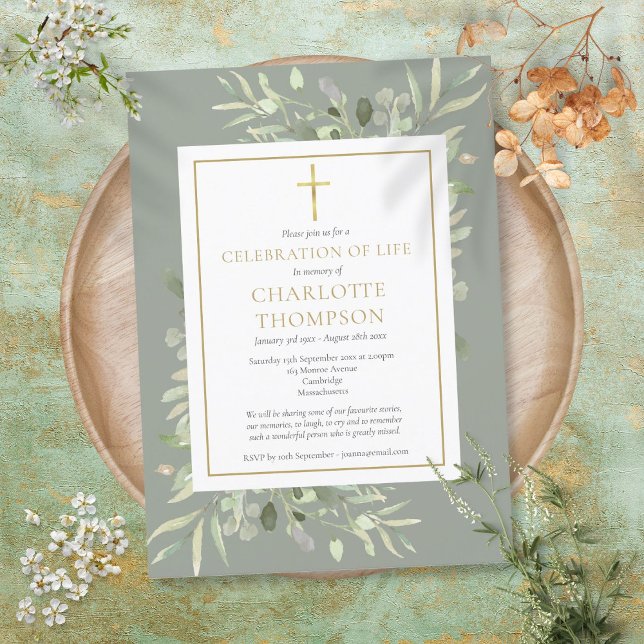 Invitation Sage Green Gold Célébration chrétienne de la vie (Sage Greenery Gold Christian Celebration of Life Invitation)