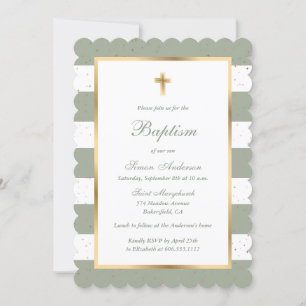 Invitation Sage Green Gold Cross Stars Baptême rayé