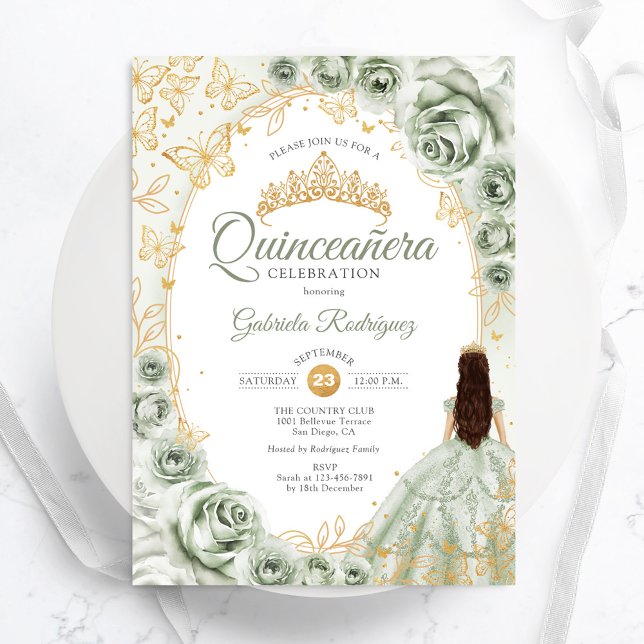 Invitation Sage Green Gold Floral Quinceanera (Créateur téléchargé)