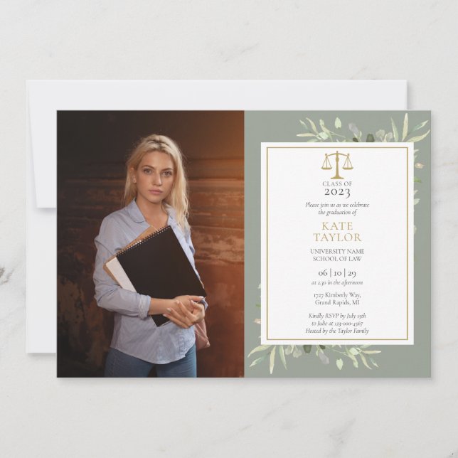 Invitation Sage Green Gold Law School Graduation Photo (Devant)