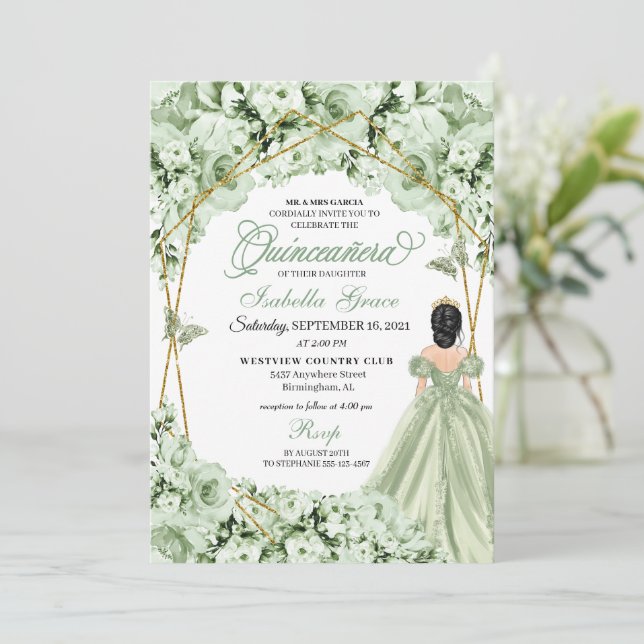Invitation Sage Green Gold Princesse Robe Quinceanera (Debout devant)
