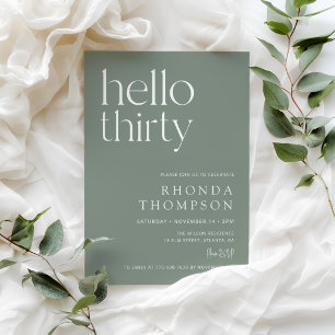 Invitation Sage Green Hello Trente Moderne 30e Anniversaire