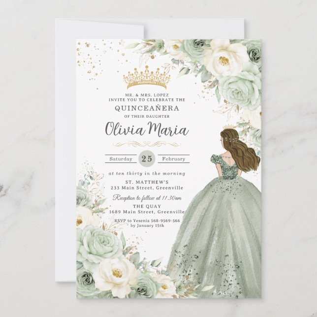Invitation Sage Green ivoire Floral Princesse Quinceañera XV  (Devant)
